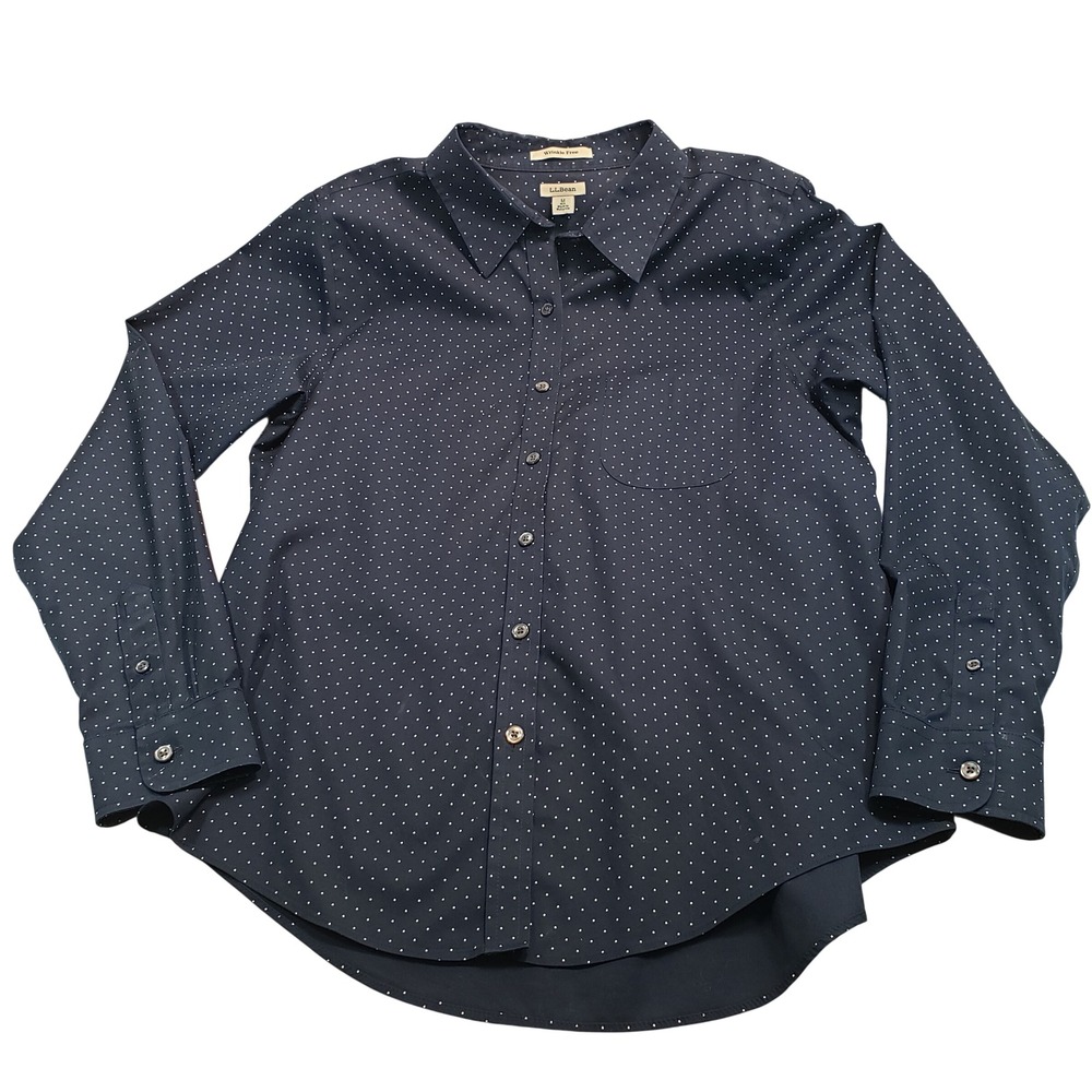 LLBean Wrinkle Free Navy White Polka Dot Button Down Shirt Medium‎ Reg